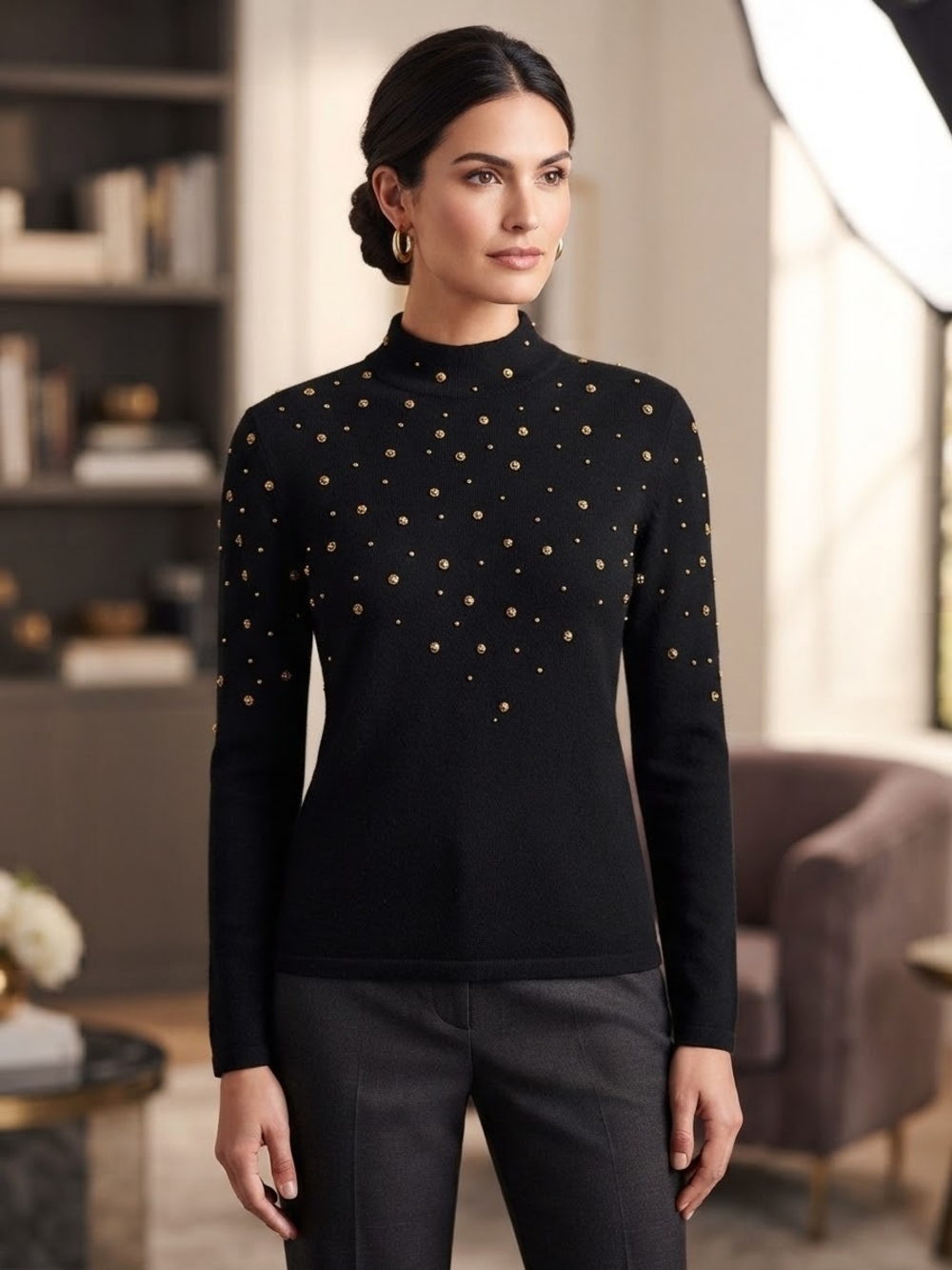 Black Mock-Neck Sweater with Gold Stud Detail 100% Wool